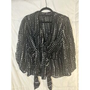 ANNE KLEIN Black White Polka Dot Silk‎ Wrap Blouse Top Size 10